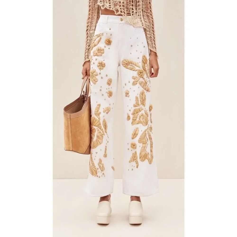 Cult Gaia Jarli White Raffia Appliqué High Rise Wide Leg Jeans XS